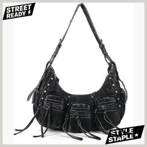 Large Vegan Leather Hobo Bag with Studs, Multi-Pocket Satchel Shoulder Purse